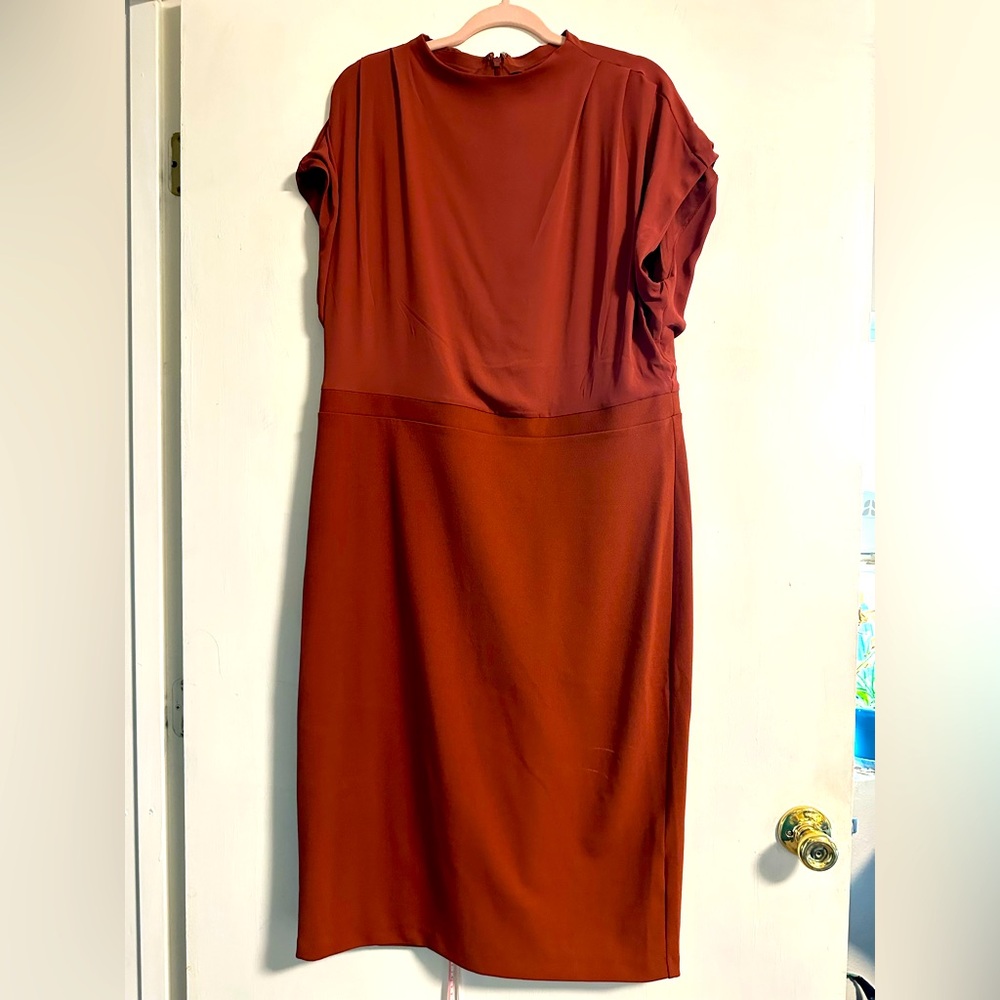 Express Brown Red Sheath Dress Cap Sleeve Midi